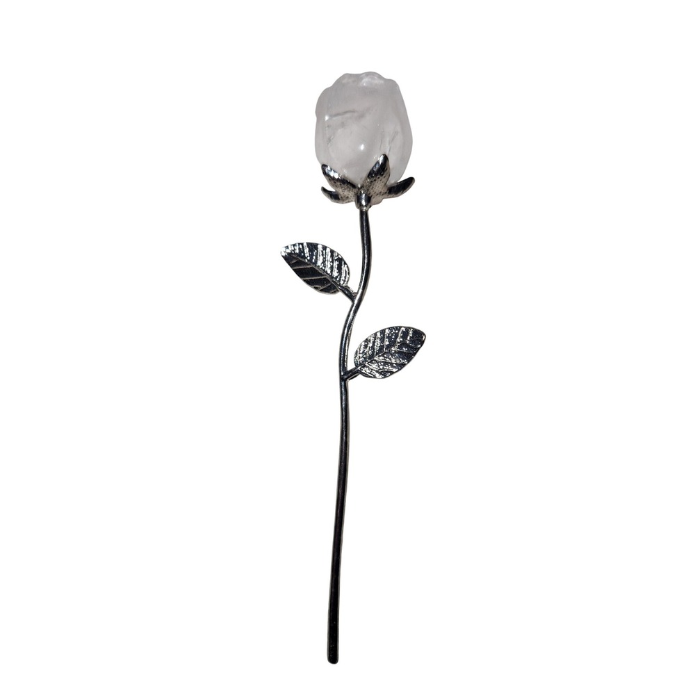 Clear Quartz Crystal Rose Flower Silver Tone Metal Stem Decorative Ornamen 6.25"